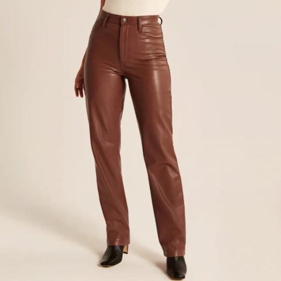 Abercrombie & Fitch Brown Vegan Leather 90s Straight High Rise Pants Size 29 - Picture 1 of 6